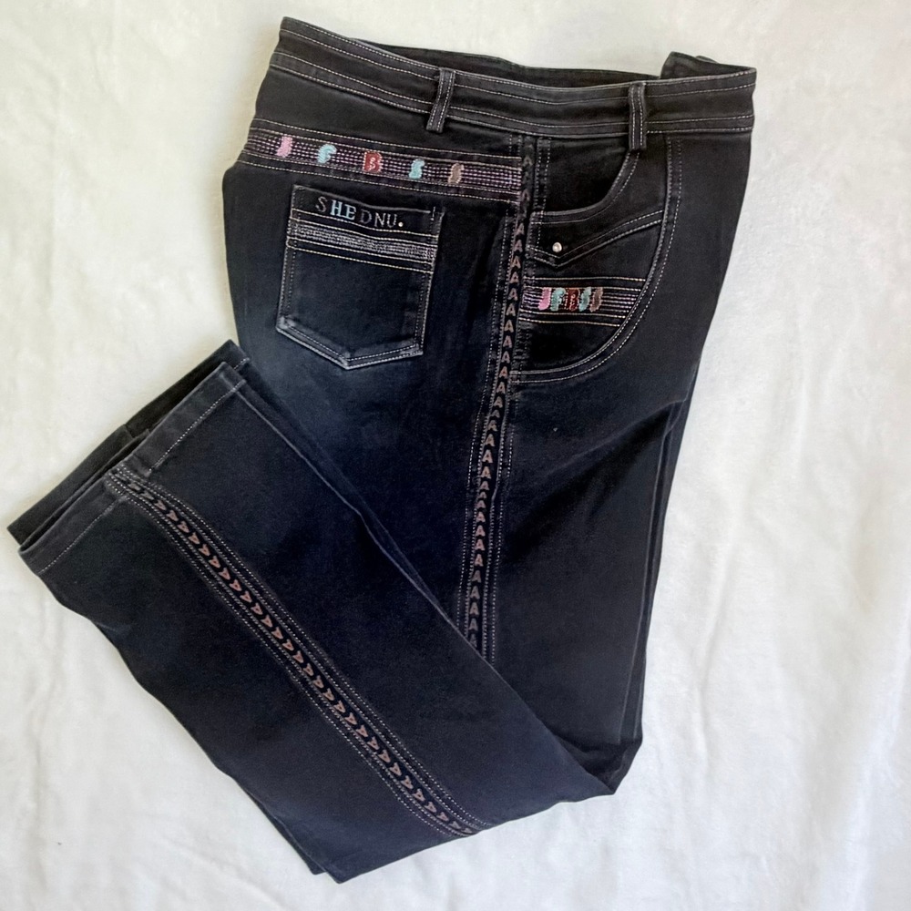 Shednu Embroidered Straight Leg Jeans Womens 32 Black Boho Y2K Denim
